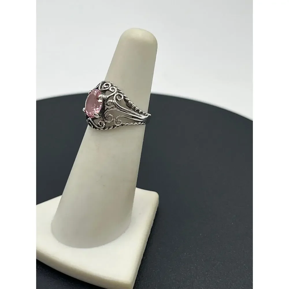 Sterling Silver Vintage Filigree Simulated Pink Sapphire‎ Solitaire Ring 5.25